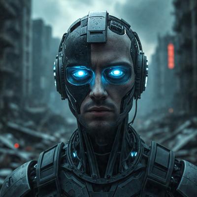 The primary subject of the image is a man wearing a futuristic, high-tech suit with glowing blue eyes. The setting is a post-apocalyptic city, with a backdrop of crumbling buildings and a dark, moody atmosphere. The visual style is a combination of photo and digital art, creating a striking and unique image.